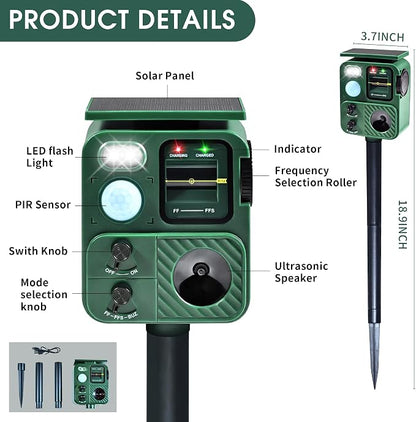 Outdoor Ultrasonic Animal Repeller, Deer Repeller with Solar-Powered, Motion-Activated Deterrent – Repellent for Cats, Dogs, Deer, Squirrels & Raccoons for Garden and Yard