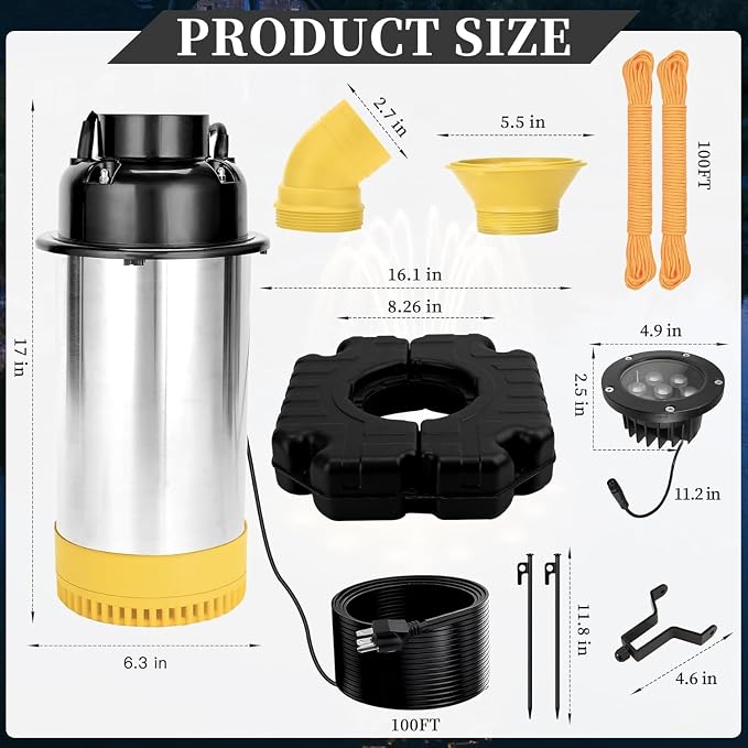 Pond Fountain Aerator with 2 RGB Lights, 1HP 110V 15000GPH Floating Fountain Pump with Timer, 100FT Power Cord, 2 x 100 FT Traction Rope, Aerating Fountains for Larger Outdoor Ponds, Lakes