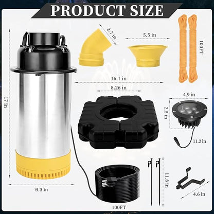 Pond Fountain Aerator with 2 RGB Lights, 1HP 110V 15000GPH Floating Fountain Pump with Timer, 100FT Power Cord, 2 x 100 FT Traction Rope, Aerating Fountains for Larger Outdoor Ponds, Lakes