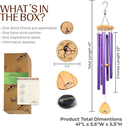 Purple Wind Chimes for Outside Deep Tone, 41 Inch XL Hand Tuned G Major Pentatonic Wind Chime with Decorative Kindness Stone, Outdoor Garden Patio Porch Decor, Meaningful Sympathy Memorial Gift
