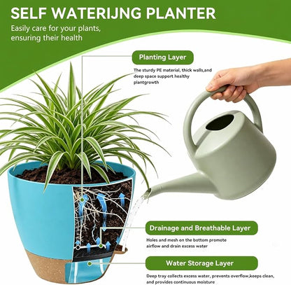 Ecolley Plant Pots 8/10/12 Inch Self Watering Pots, Set of 3 Plastic Planters with Drainage Holes and Saucers,Plastic Flower Pots,Nursery Planting Pot for Indoor Out Door PlantsBlue Green | Plastic Planters, Drainage Holes and Saucers, Indoor Outdoor U...