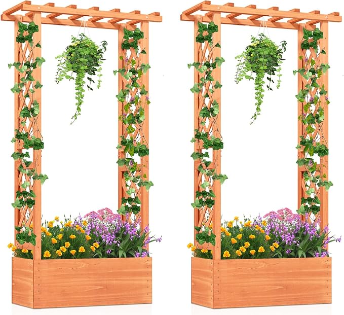 HAPPYGRILL Raised Garden Bed with Trellis, 2 Pack Wood Elevated Garden Bed with Hanging Roof, Planter Box, Drainage Holes for Climbing Plants, Flowers, Vegetables, 31" L x 14" W x 60" H