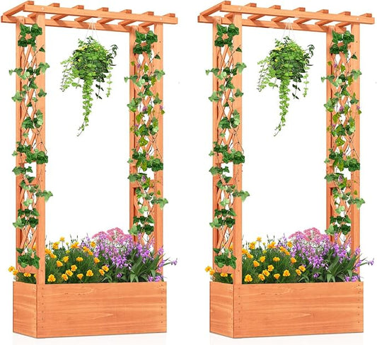 HAPPYGRILL Raised Garden Bed with Trellis, 2 Pack Wood Elevated Garden Bed with Hanging Roof, Planter Box, Drainage Holes for Climbing Plants, Flowers, Vegetables, 31" L x 14" W x 60" H