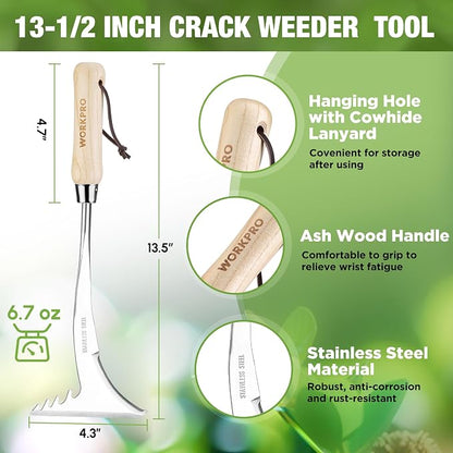 WORKPRO Crack Weeder, 13.5" Stainless Steel Weeding Tool, Wooden Handle | L-Shaped Side-Walk Weed Puller Spatula, for Garden Lawn Yard Patio Terrace Paving Garden Tool