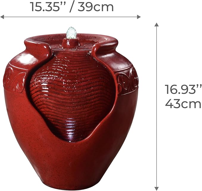 Teamson Home Outdoor Pot Fountain with LED Lights and Pump, Floor Water Fountain for Patio, Garden, Backyard, Decking Home Décor, 16.93 Inch Height, Red | LED Lights, Pump Included, Floor Water Fountain, For Patio, Garden, Backyard, Decking