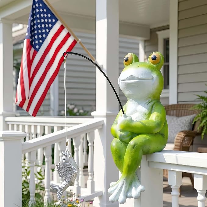 9.5" Frog Fishing Garden Sculptures & Statues, Stone Look Sculpture, Whimsical Lawn Yard Art, Funny Pond Fisherman Statue, Resin Animal Decorative Figurine, for Frog Fishing Lovers