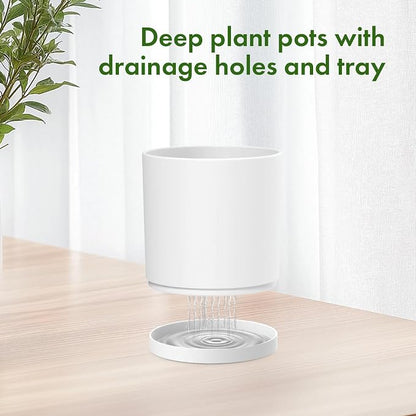 Meowell 8/7/6 inch Plant Pots, Set of 3 Cylinder Flower Pots for Outdoor Indoor Plants, Decorative Plastic Planters with Drainage Holes and Saucers for Garden House Plants, White