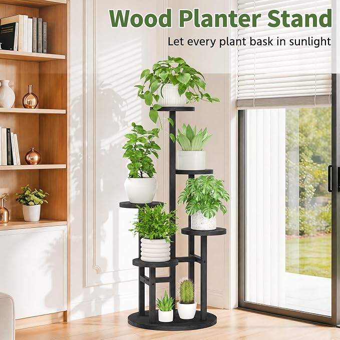 LASZOLA 5 Tiered Wood Plant Stand Indoor Corner, Flower Holder Rack Tall for Multiple Plants, Rustic Planter Shelf Display for Patio Garden Balcony Living Room， Black