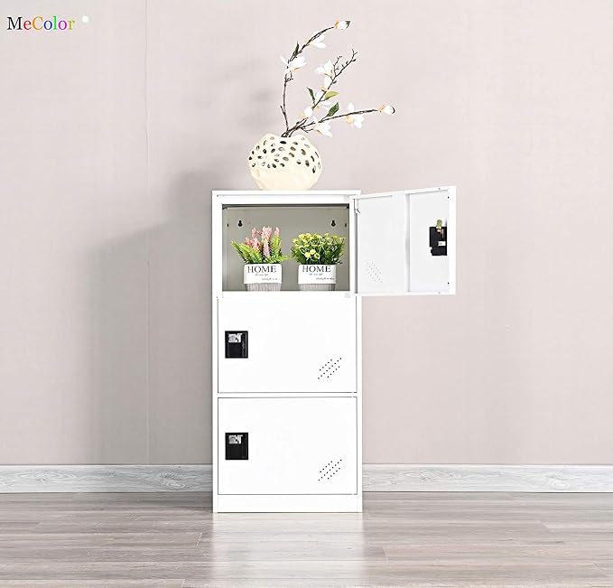 MECOLOR Vertical Single Tier Small Locker with Padlock latche 2 or 3 Compartment Storage for Employee,Home,Office,School,Kids (Full White, P3V)