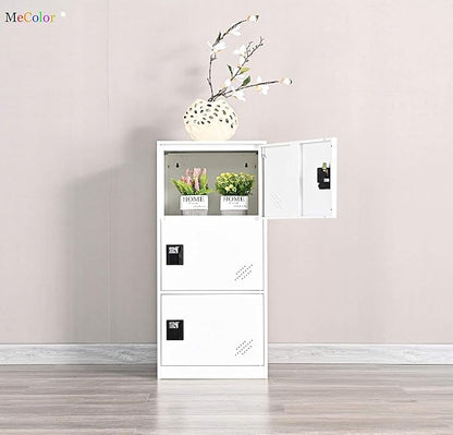 MECOLOR Vertical Single Tier Small Locker with Padlock latche 2 or 3 Compartment Storage for Employee,Home,Office,School,Kids (Full White, P3V)