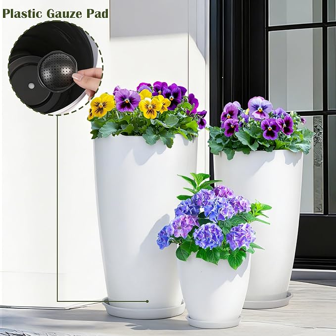 24-21-11 Inch Tall Planters Set of 3, Indoor Outdoor White Round Planter with Drainage Hole and Saucer, Large Decorative Plant Pots for Home Garden Porch (White)