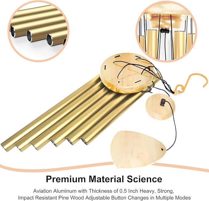 Bursvik Large Aluminium Wind Chimes 37 Inches to Create a Zen Atmosphere Suitable for Outdoor, Garden, Patio Decoration. Classic Wind Chimes with Wind Catcher as a Gift for Unisex(Light Golden)