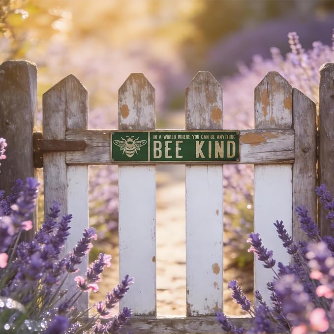 Garden Metal Tin Signs, Bee Kind Sign, Vintage Farmhouse Bee Wall Art, for Garden Yard Fence Door Porch, Rustic Indoor Outdoor Gardens Decoration, 15.7 x 3.9 Inches