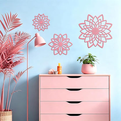 3 Pieces Metal Flowers Wall Decor, Black Wall Decoration Metal, Flower Art Wall Decor Farmhouse Wall Decorations Multiple Flowers Hanging Decor for Bathroom Living Room Home Kitchen Garden Office (Pink Concise)