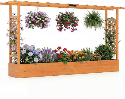Giantex Wooden Raised Garden Bed with Trellis & Hanging Roof, Fir Wood Planter Box, 45” Freestanding Elevated Garden Bed for Outdoor Climbing Plants Vegetables Flowers, Patio & Balcony, Orange