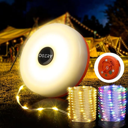 OGERYCamping String Lights, 4 in 1 Quick Storage 32.8FT Rechargeable Tent Lights String with 8 Lighting Modes, Hanging Waterproof Portable LED Lamp for Outdoor Patio Awning Garden Camping Essentials