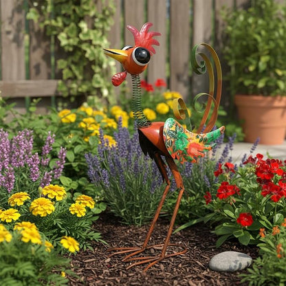 24'' Wacky Rooster Garden Statue for Outside, Patio, Backyard, Lawn | Metal Rooster Decor Yard Statue Decorations, Waterproof Chicken Yard Art, Red