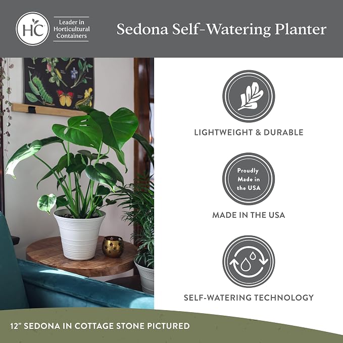 The HC Companies 7 Inch Sedona Round Self Watering Planter Pots, Lightweight UV-Resistant Plastic Indoor & Outdoor Planters, 4-Pack Flower Pots for Garden & Home Decor, Honey