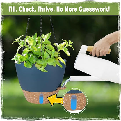 Self-Watering Hanging Planters with Water Level Window, 8/10 Inch Indoor Outdoor Hanging Plant Pots Includes Chain Hangers with Drainage Holes & Detachable Reservoir (Blue, 8+10 inch)