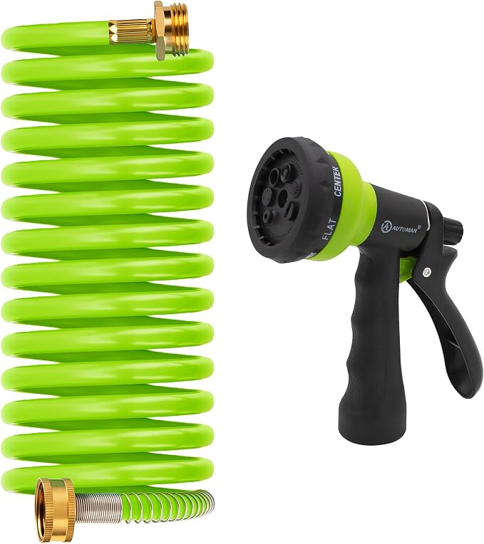 AUTOMAN Coil Garden Hose 15 ft, EVA Curly Water Hose with Brass Connectors, Recoil Garden Water Hose,Includes 7-Pattern Function Sprayer,Retractable,Corrosion Resistant Garden Coil Hose.