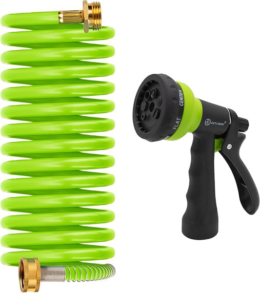 AUTOMAN Coil Garden Hose 15 ft, EVA Curly Water Hose with Brass Connectors, Recoil Garden Water Hose,Includes 7-Pattern Function Sprayer,Retractable,Corrosion Resistant Garden Coil Hose.