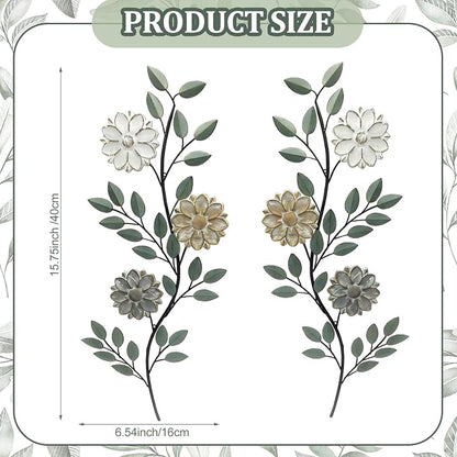 MorningRo 2 Pcs Metal Flower Leaves Wall Art Spring Wall Decor Living Room, 15.75 Inch Vintage Rustic Branch Leaf Wrought Iron Scroll Art Decor for Summer Bedroom Indoor Outdoor Decorations(Green)