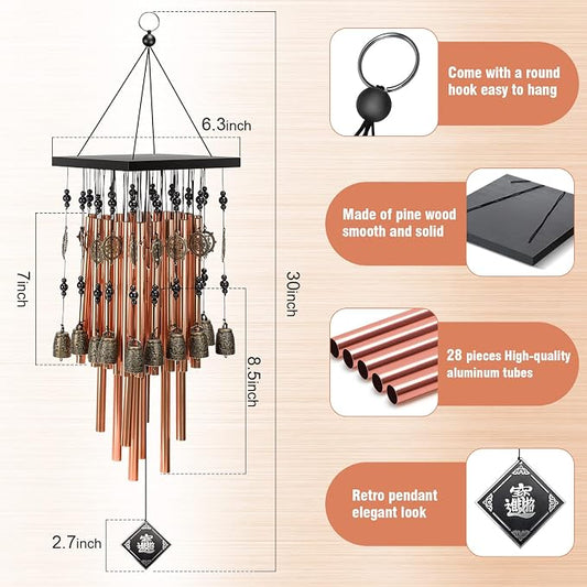 Wind Chimes for Outside, 30" Memorial Wind Chimes with 28 Pieces Tubes and 16 Copper Bell for Garden, Patio,Window Hanging Decoration, Bronze Memorial Sympathy Gifts for Mom