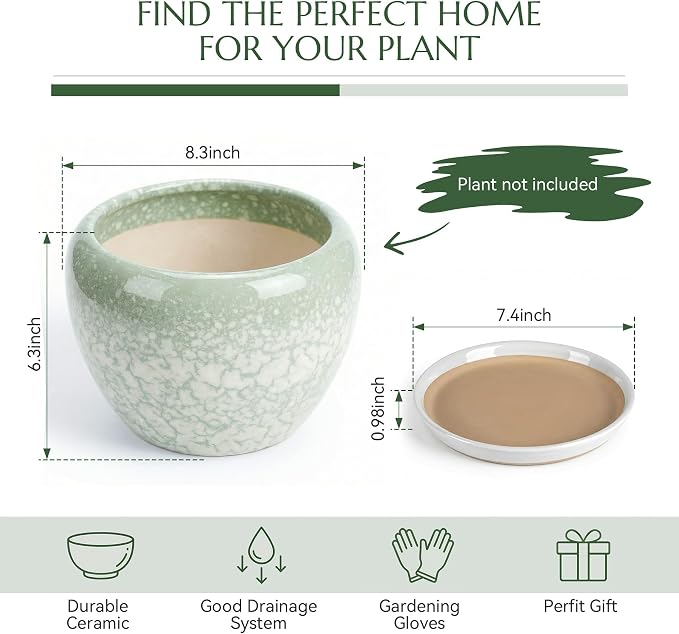 8.3 Inch Ceramic Planter with Saucer Leak-Proof Mesh &Drainage, Round Plant Pot with Gardening Gloves for Indoor Outdoor Plants (Jade Green)