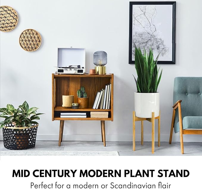 Fox & Fern Adjustable Tall Plant Stand Indoor — 8 to 12 Inch Mid Century Bamboo Plant Stand with Adjustable Width - Plug In Design - Easy to Assemble - Two Heights - For 8, 9, 10, 11 & 12 In Pots