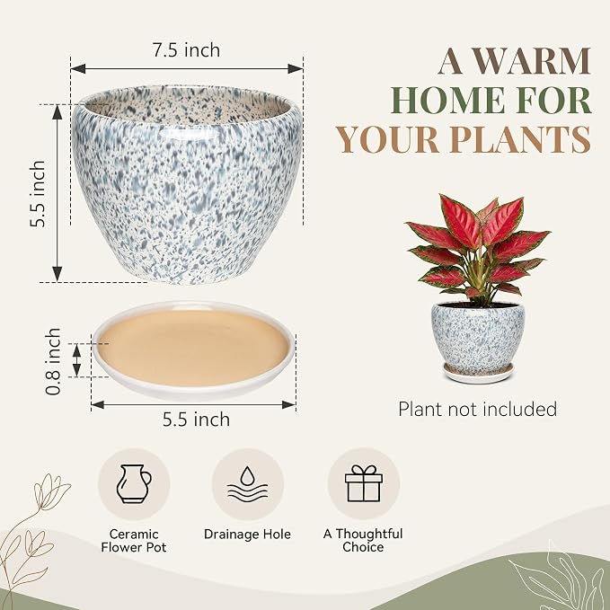 7.5 Inch Ceramic Plant Pot with Drainage Hole Mesh Net,Modern Gardening Pots for Indoor Plants with Saucer, Spotted Blue