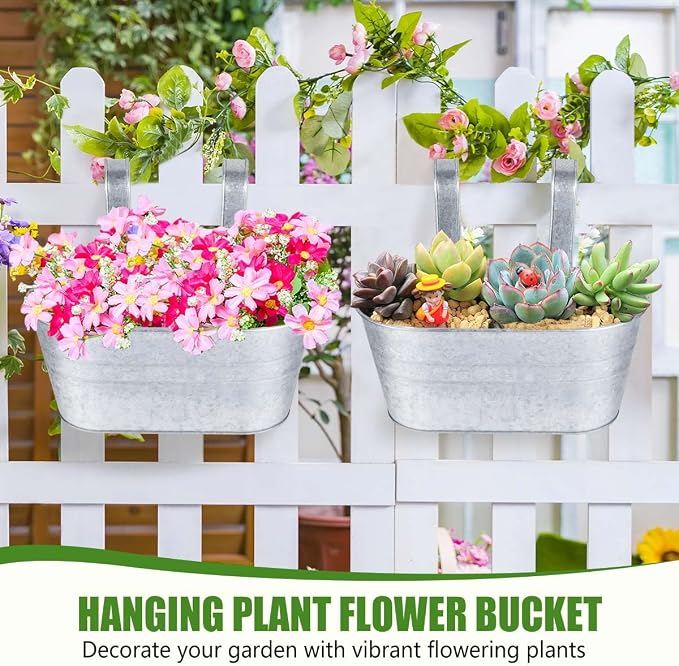 OBTANIM 4 Pack Metal Hanging Flower Pots Iron Railing Planter Outdoor Fence Hanging Pots Bucket Plant Holder with Detachable Hooks Drain Holes for Home Garden Yard Decor (Silvery)