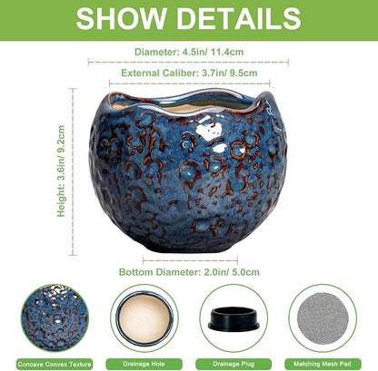 Ceramic Pots for Plants - 4 Inch Plant Pots for Indoor Outdoor, Small Planter with Drainage Hole, Unique Flower Pot, Decorative Modern Round Planter, Office Decor, Home Gifts, Retro Blue