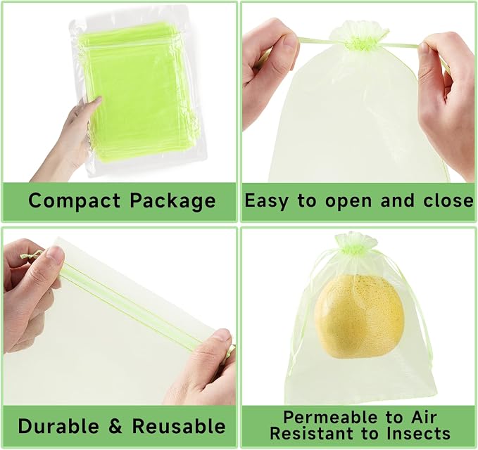 50PCS Fruit Protection Bags with Drawstring, 6x8 Inch Green Organza Produce Bags for Fruit Trees, Mesh Netting for Garden Protection