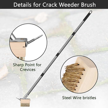 Crack Weeder Tool, Weed Puller Tool with 2 Heads&Scraping Hook, Paver Weeding Moss Remover Brush with Steel Handle for Cleaning Paving Joint Sidewalk Patio Stone Driveway Deck Black