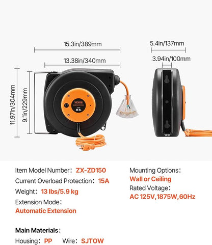 VEVOR Retractable Extension Cord Reel, 45 FT, Heavy Duty 12AWG/3C SJTOW Power Cord, with Lighted Triple Tap Outlet, 15 Amp Circuit Breaker, 180° Swivel Bracket for Ceiling or Wall Mount | Automatic Retractable with Lighted Triple Tap Outlet, 15 Amp Cir...