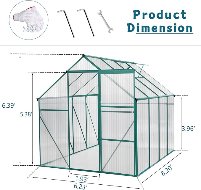 6x8 FT Greenhouse, Walk-in Polycarbonate Greenhouses with Sliding Doors, Aluminum Frame, Adjustable Roof Vent, Raised Base & Anchor, Outdoor Backyard Greenhouse for All Seasons, Green