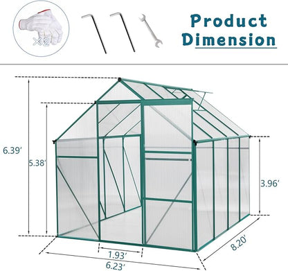 6x8 FT Greenhouse, Walk-in Polycarbonate Greenhouses with Sliding Doors, Aluminum Frame, Adjustable Roof Vent, Raised Base & Anchor, Outdoor Backyard Greenhouse for All Seasons, Green