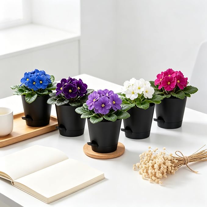 12 Pack 4 Inch African Violet Pots Self Watering, Self-Watering Planters with Drainage Holes & Reservoir, Black Plastic Pots for Indoor Outdoor Plants, Succulents & Flowers