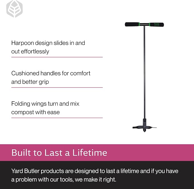 Yard Butler ICA-36 Compost Aerator - Lawn Care Tool for Aerating - Long-Handled - Power-Coated Steel Construction - Comfortable Cushioned Handles Garden Tool - Easy to Use