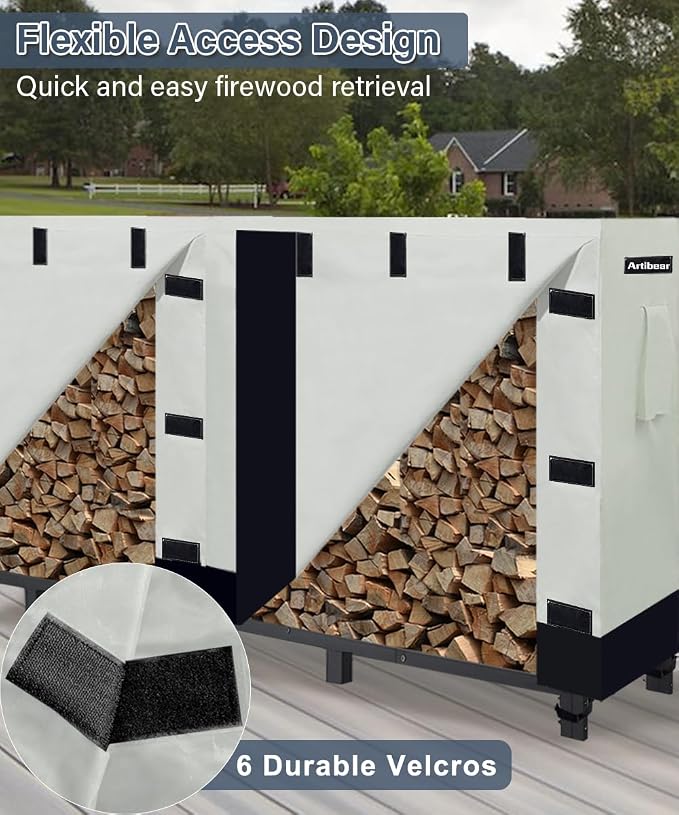 8ft Firewood Rack Cover for Wood Holder, Waterproof Wood Pile Cover for Outside, Indoor Outdoor Log Rack Cover for Firewood with Buckle, Khaki (Frame not Include)