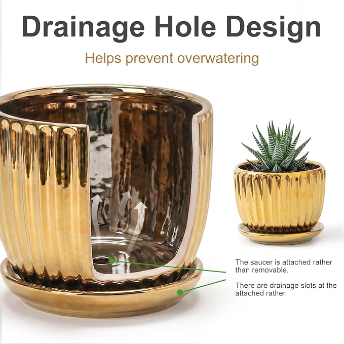 Ton Sin Gold Plant Pots,4.1+5.1+6.5 Inch Ceramic Succulent Planters Set of 3,Indoor Flower Pot with Drainage,Handmade Decorative Ceramic Orchid and Herb Pots(Gold)
