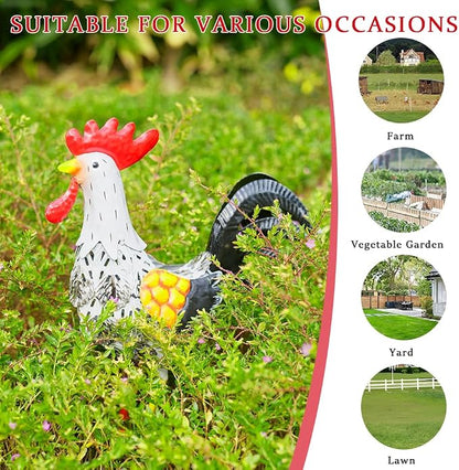 Metal Rooster Garden Statue, 12'' Funny Chicken Outdoor Statue Yard Art Decor, Waterproof Lawn Ornaments for Garden, Lawn, Farmhouse (White)