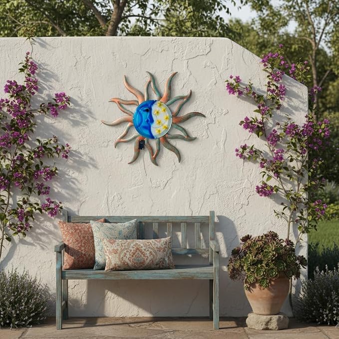 VEWOSTAR 29" Large Metal Sun and Moon Wall Art,3D Fence Wall Decor With with Solar Lights, Hanging Decoration for Patio Garden Yard,Gift Ideal for Mom