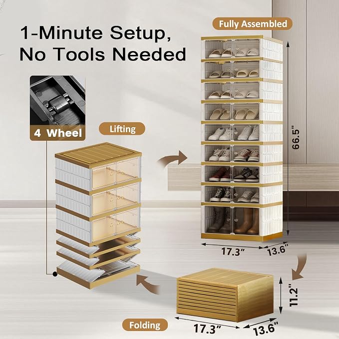 SYNCVIBE Shoe Rack Organizer for Closet Entryway Foldable Sneaker Storage Shoe, Collapsible Shoe Cabinet, Stackable Shoe Storage Cabinet with Lids for Living Room (9 Tiers -18 Pairs White Gold)