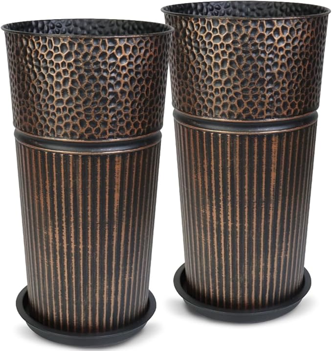 2 Pcs Pack 25 Inches Metal Tall Tapered Planter Pots Large Galvanized Steel Round Planter Flower Pot with Drainage Holes for Indoor Outdoor Deck Porch Garden Home Patio Front Door (antique copper, M)