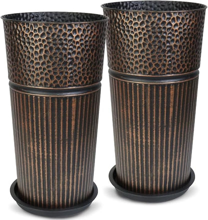 2 Pcs Pack 25 Inches Metal Tall Tapered Planter Pots Large Galvanized Steel Round Planter Flower Pot with Drainage Holes for Indoor Outdoor Deck Porch Garden Home Patio Front Door (antique copper, M)