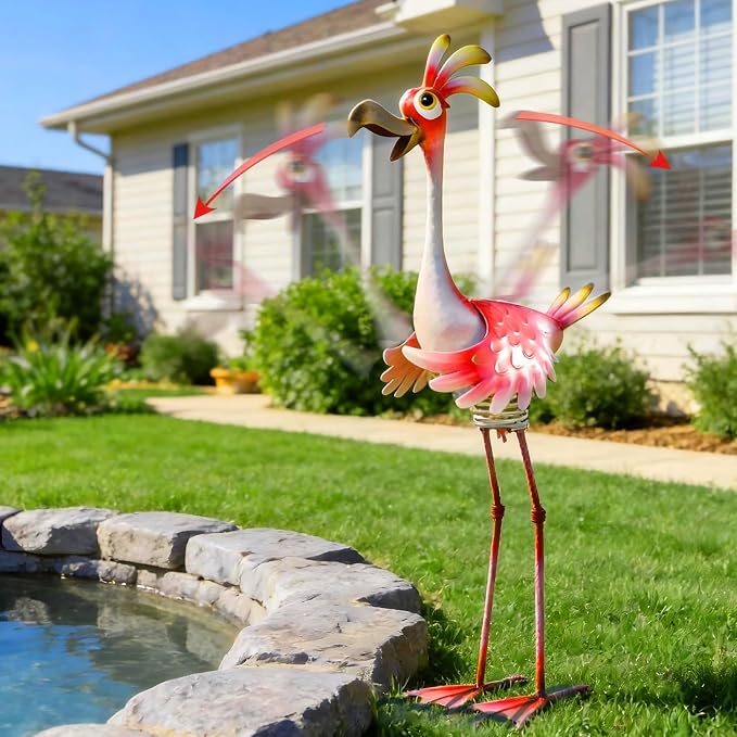 Natelf Outdoor Summer Flamingo Metal Garden Yard Art 25in | Weatherproof, Rustproof, Large Outdoor Garden Statue, Spring-loaded, For Women Mom Grandma