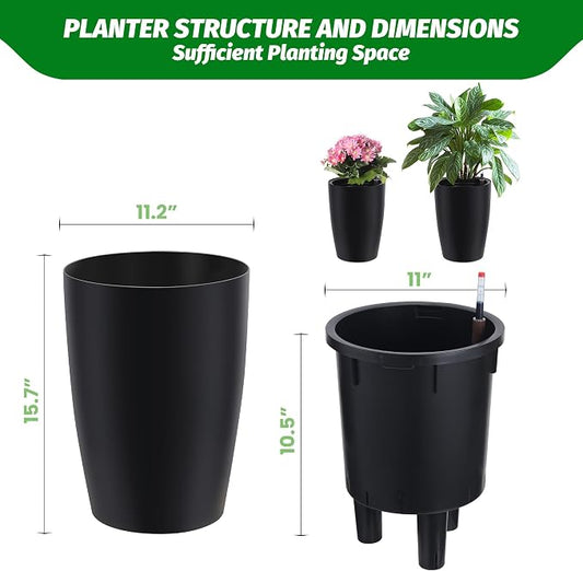Garvee Tall Planters for Outdoor Plants, 16 in Large Planters Set of 2, Outdoor & Indoor Planters with Water Level Monitor ＆ Inner Bucket, Automatic Watering, for Porch, Patio, Backyard, Black