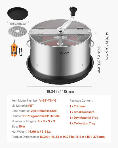 VEVOR Manual Bud Leaf Trimmer, 16 in Reaper Bowl Bud Trimmer with Stainless Steel Blades, Visual Cutting, Wet & Dry Hydroponic Cutting Machine with Tray, Twisted Spin Cut for Plant Buds Flowers