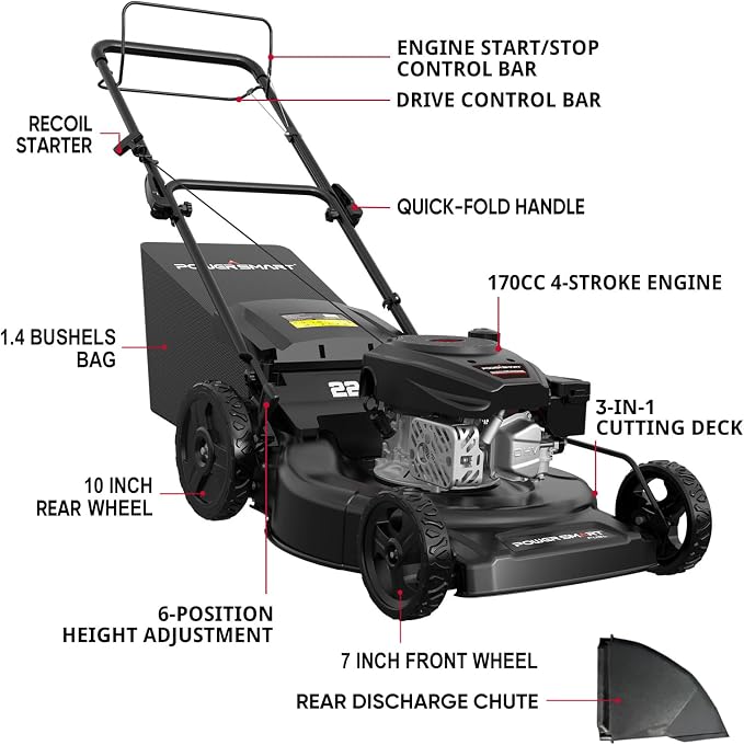 PowerSmart 22 in. 170cc Self Propelled Gas Lawn Mower Rear-Wheel-Drive, 3-in-1 Mulch/Bag/Rear Discharge, Steel Deck, 6 Height Adjustment
